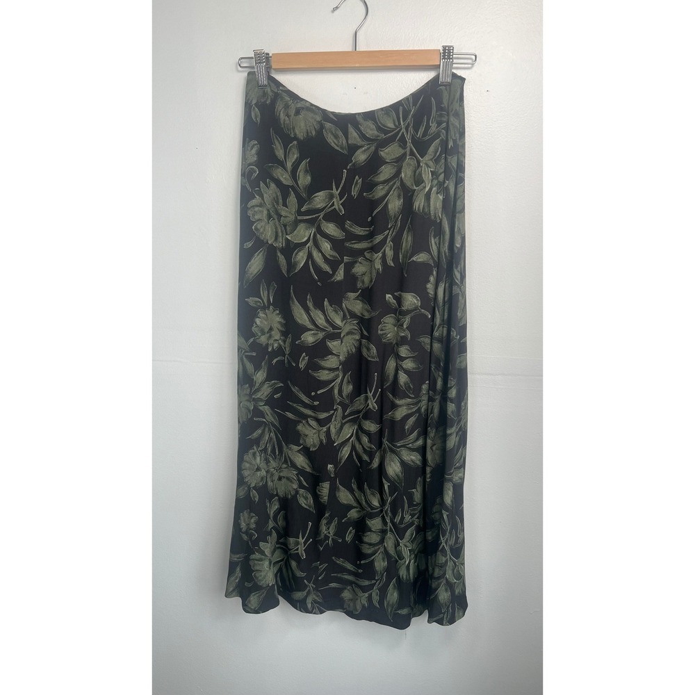 Jones New York Floral Maxi Skirt Green Black Size 8 Vintage 90s Rayon Wrap Style - Picture 2 of 9